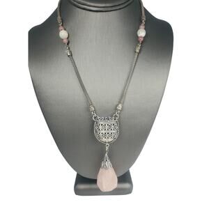Vintage Large Rose Quartz Teardrop Sterling Silver Pendant Necklace